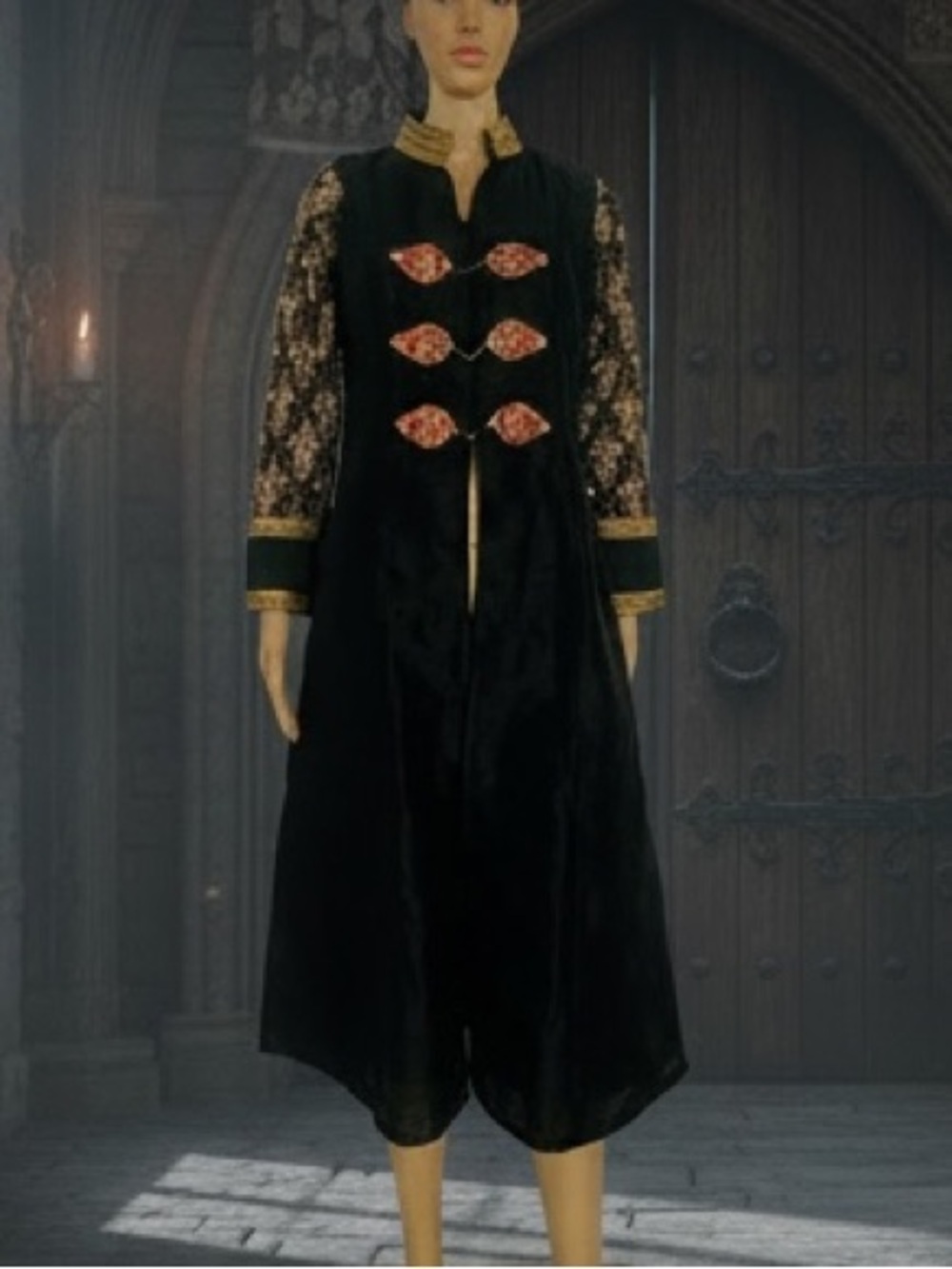 This black and red gothic dupion silky tunic with gold trim size medium 8/10